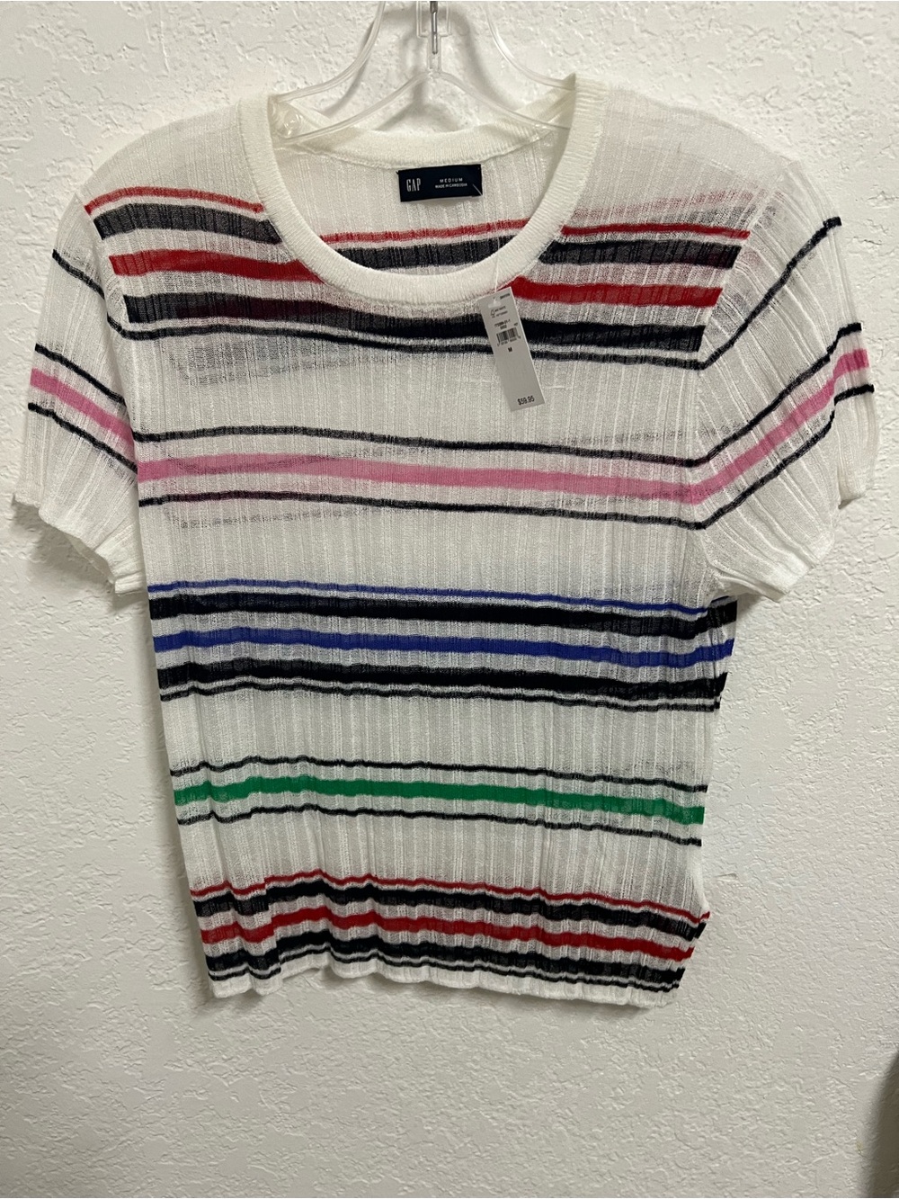 GAP White Short-Sleeve Ribbed Knit Tee with Multicolor Stripes
